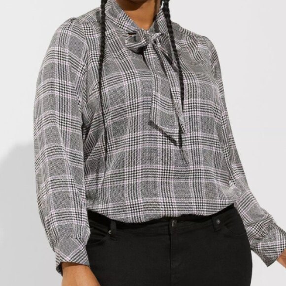 Torrid Studio Bubble Satin Bow Tie Blouse in Glen Plaid - Picture 2 of 9